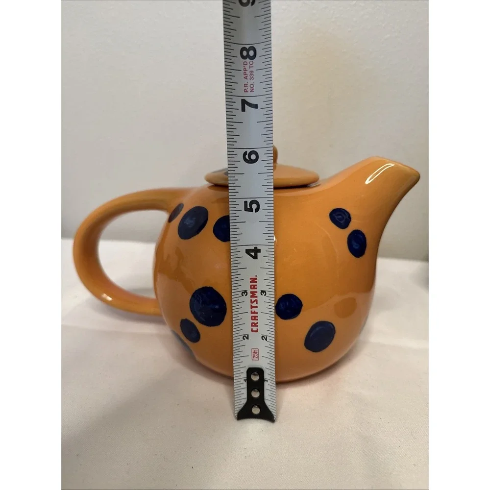 Evandale Hand Painted Ceramic Teapot Orange w Blue Dots w Lid Vintage 70s